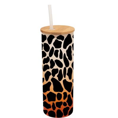 Elanze Designs Giraffe Animal Print Wrap-Around Design 25 Ounce Frosted Gradient Glass On-The-Go Coffee Travel Skinny Tumbler Mug Cup, Bamboo Lid and