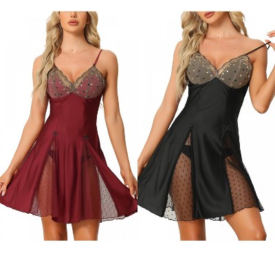 INSPIRE CHIC Women's 2 Pcs Lingerie Babydoll Satin Mini Chemise with Mesh Inset Sweet Nightgown