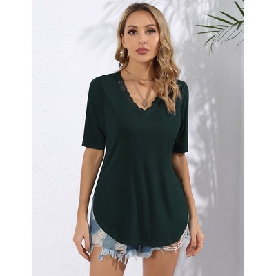 Women Lace Trim V Neck Tshirt Half Sleeve Blouse Basic Tees Summer Tunic Solid Casual Tops