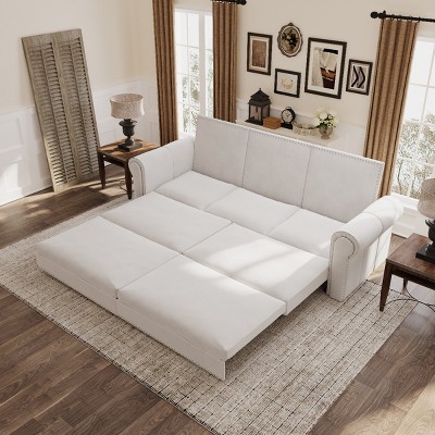 King Size Chesterfield Sofa Bed, 3 in 1 Convertible Bed with Nailhead Trim & Rolled Arm, Iron Frame Sofa Bed with Cotton Filling-Baofuwish