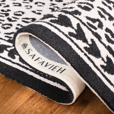 White and Black Hand-Knotted Wool Floral Runner Rug