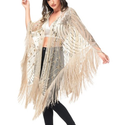 Anna-Kaci Women's Semi Sheer Boho Sequin Fringe Sparkle Drop Shoulder Shrug