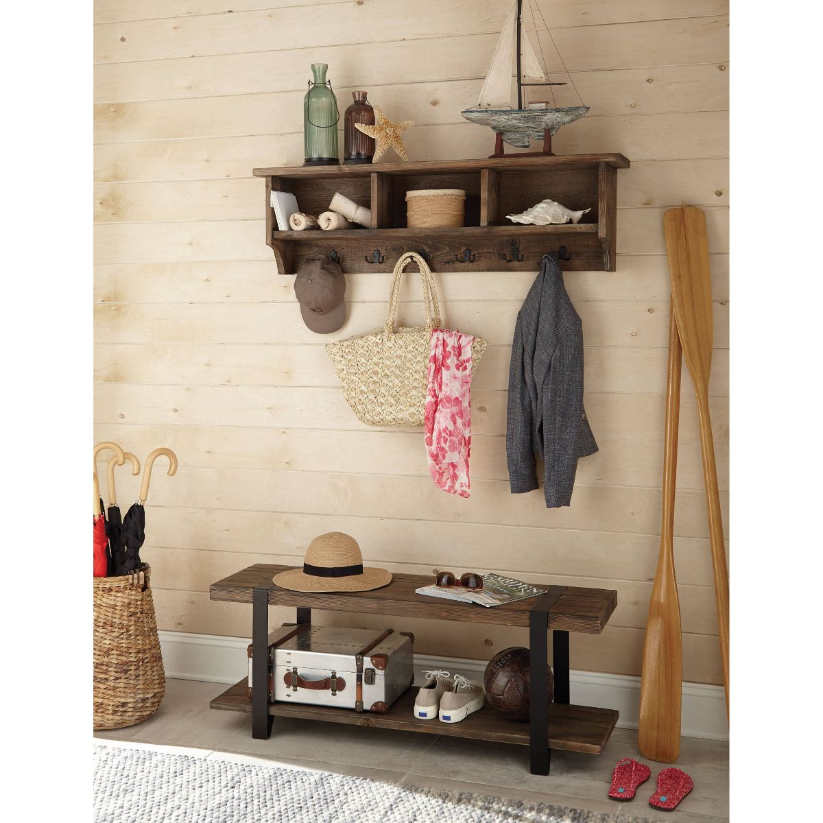 48" Modesto Metal and Wood Wall Coat Hook with Bench Brown - Alaterre Furniture - thumbnail 5