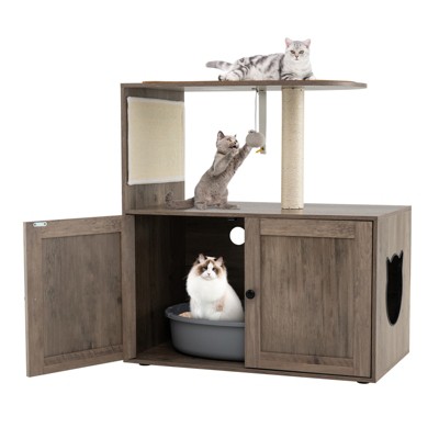 Tangkula 34.5" Tall Wooden Cat Tower w/ Sisal Scratching Post & Mat Litter Box Enclosure