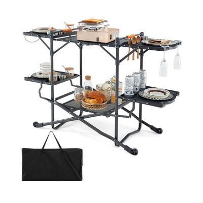 FURNIinspire Outdoor Grills, Griddles and Smokers Professional Camp Kitchen System, for Backcountry, Group Camping, Black, 75.03"*19.23"*6.24"