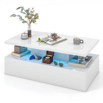 Tangkula LED Coffee Table Modern High Gloss Coffee Table w/ 20-Color LED Lights Adjustable Speed Brightness & Remote Control White/Black