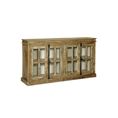 Mango Wood 4 Door Credenza with Glass Panels Brown - StyleCraft: Signature Collection, Fixed Shelves