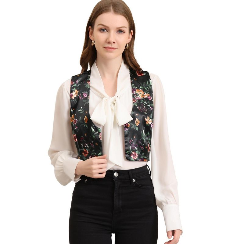 Allegra K Women's Floral Pattern Button Closure Satin Waistcoat Vest, 1 of 7