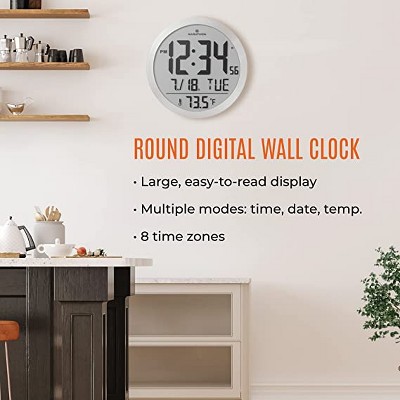 Marathon 15 Inch Round Digital Wall Clock with Calendar and Temperature Display