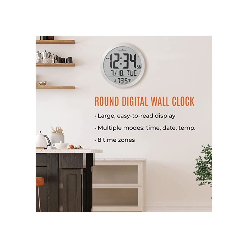 Marathon 15 Inch Round Sleek & Stylish Digital Wall Clock Full Calendar Display & Indoor Temperature, 2 of 7