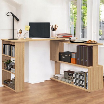 Alilang 47.25 Inch L-Shaped Desk with Open Storage Shelves and Natural Wood Finish - Natural