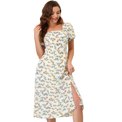 Allegra K Women's Summer Floral Square Neck Puff Short Sleeve Split Midi Dress