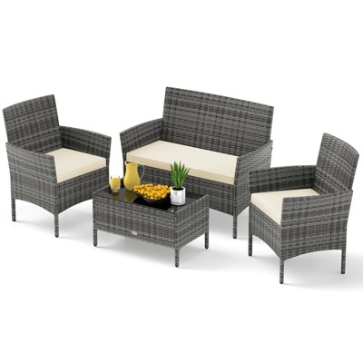 Tangkula Set Of 4 Patio Furniture Set w/Washable Cushions & Tempered Glass Coffee Table