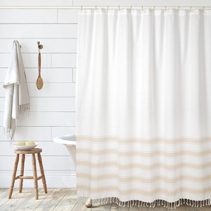 Folkulture Shower Curtain, 72'' X 72" with Tassels, Black & White Shower Curtain for Bathroom Decor, Premium Recycled Cotton (Cabana Stripe) - 1 of 4