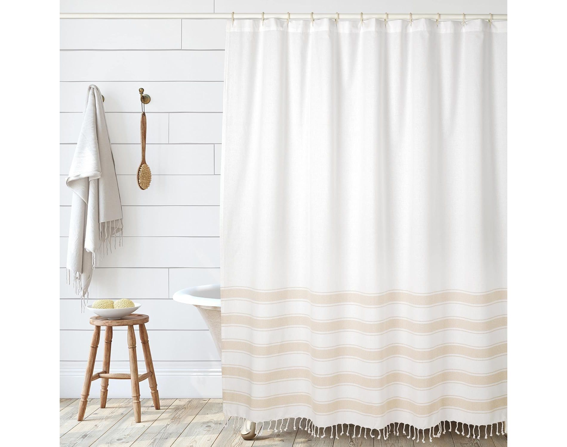 Folkulture Shower Curtain, 72'' X 72" with Tassels, Black & White Shower Curtain for Bathroom Decor, Premium Recycled Cotton (Cabana Stripe)