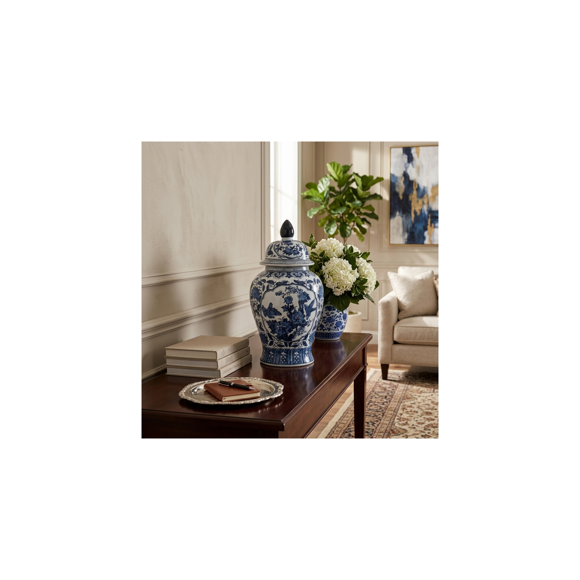 Chinoiserie Ceramic Decorative Ginger Jar with Lid - Ceramic Vase for Home Decor, Office Decor - 18", Blue