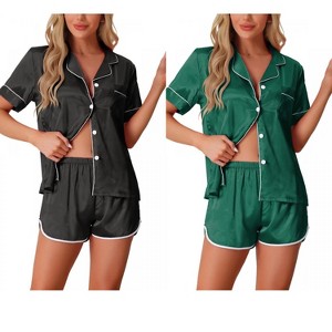 INSPIRE CHIC Women's 2 Pcs Satin Pajamas Silky Short Sleeve Button Down Pajama Sets - 1 of 4