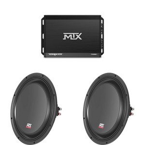 MTX TERMINATOR 500-Watt RMS 2Ω Mono Block Class D Amplifier and Two MTX Audio 3512-04S 35-Series 12" 300W RMS 4-Ohm Shallow Mount Subwoofer - 1 of 4