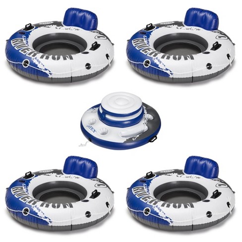 Intex River Run Inflatable 1 Person Floating Water Tube Lounger (4 Pack)  with Mega Chill Inflatable Floating Cooler for Lakes and Pools