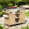 BAOURE Outdoor Kitchen Island with Stainless Steel Top, Farmhouse Solid Wood Grill Table with Spice Rack & Lockable Wheels - Natural Wood - 3 of 4
