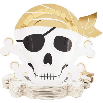 Blue Panda 48-Pack Pirate Skull Disposable Paper Plates Gold Foil 13"x10" Party Supplies