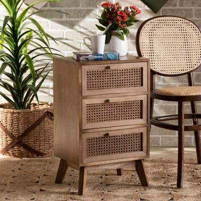 Walnut Brown Wood 3-Drawer Accent Table with Rattan