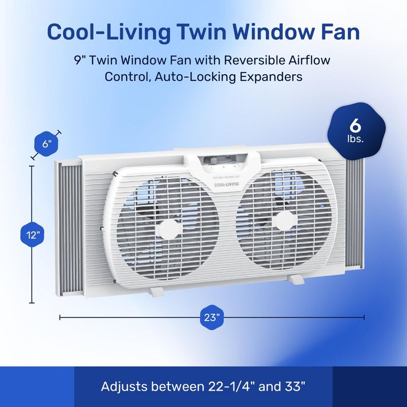 Cool-Living 9-Inch 2-Speed Portable Twin Window Fan with Carry Handle, 2 of 7