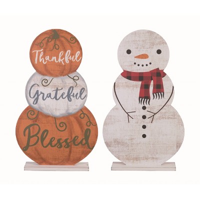 Transpac Wood Multicolor Harvest Changing Seasons Double Sided Pumpkin or Snowman Decor