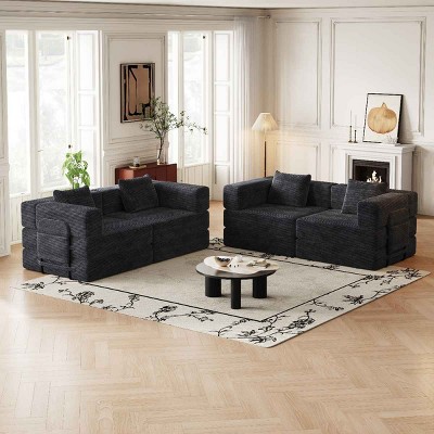 4 Seater Folding Sofa Bed for Living Room or Bedroom, Convertible Sofa with Cushions and Storage Pockets, Corduroy Fabric Sofa-Coolbibila