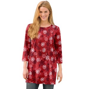 Woman Within Plus Size Perfect Printed Three-Quarter-Sleeve Scoopneck Tunic - 1 of 4