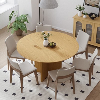 PexFix 52" x 52" Solid Wood Round Dining Table with Natural Finish and Elegant Arched Legs for Modern Dining Rooms & Kitchens