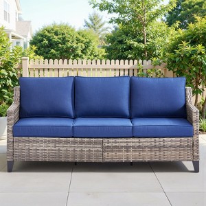 Buenhomino Patio Sofa Couch Outdoor Wicker Sofa PE Rattan 3-Seat Couch with Thick Cushions for Garden Balcony Sunroom Poolside, Grey Wicker - 1 of 4