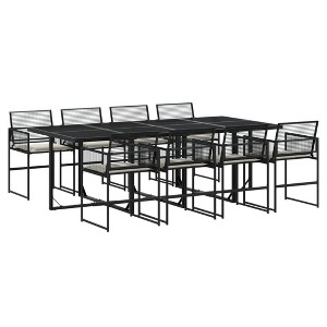 vidaXL Patio Dining Set 9-Piece Black Poly Rattan Synthetic Garden Furniture with Cushions, Rectangular Glass Table, Foldable Chairs - 1 of 4
