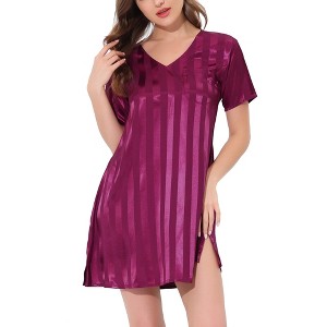 cheibear Women's Short Sleeve Mini length Striped Pajama Dress - 1 of 4