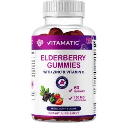 Vitamatic Elderberry Gummies with Vitamin C & Zinc – Mixed Berry Flavor– 60 Gummies