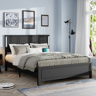Queen Size Platform Bed with Charging Station and LED Lights
