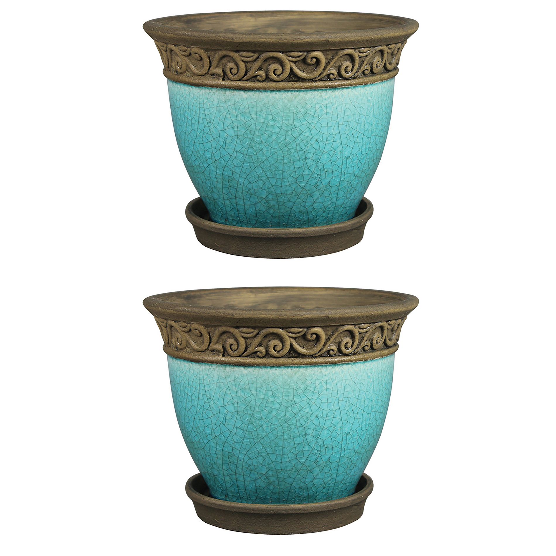 Southern Patio Cadiz 8in Diameter Crackled Glazed Ceramic Indoor Outdoor Garden Planter Pot Urn w/Saucer for Flowers, Herbs, & Plants, Teal (2 Pack)