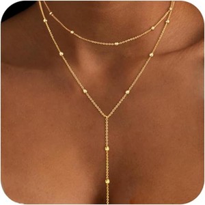 Gold Bow Pendant Necklace for Women, 14K Gold Plated CZ Bead Choker Christmas Gift - 1 of 4