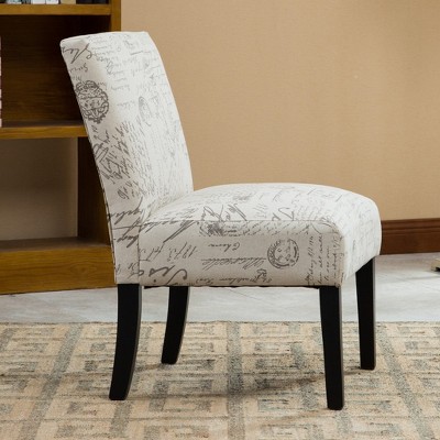 Beige Script Print Fabric Armless Slipper Chair with Wood Legs