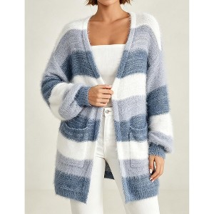 Women Fuzzy Striped Open Front Cardigan Long Sleeve Loose Knit