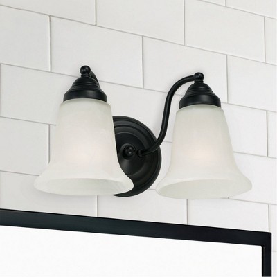 Matte Black 2-Light Vanity with White Faux Alabaster Glass Shades