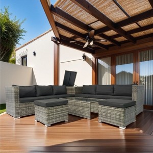 Isabel 8-Piece All-Weather Rattan Patio Sectional Sofa Set with One Storage Box Under Seat, Outdoor Furniture - Maison Boucle - 1 of 4