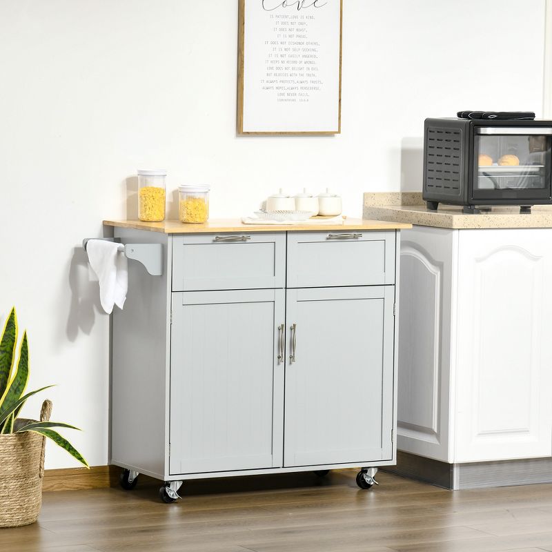 HOMCOM 41" Modern Rolling Kitchen Island on Wheels, Utility Cart Storage Trolley with Rubberwood Top & Drawers, 2 of 7