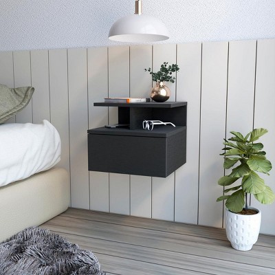 INFURNIC Nightstands Floating Nightstand with Drawer and Black Wengue Finish for Space Saving and Stylish Storage, Black, 13.23"*14.02"*11.61"