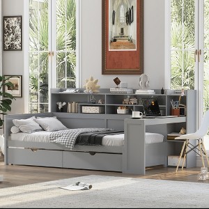 Whisen Twin Wood Daybed & Multi-functional Bed with Two Storage Drawers and Study Desk - 1 of 4