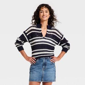 SALE！MARK & LONA ネイビー Vネックベスト 36 Women's Openwork V-Neck Striped Pullover Sweater - Universal