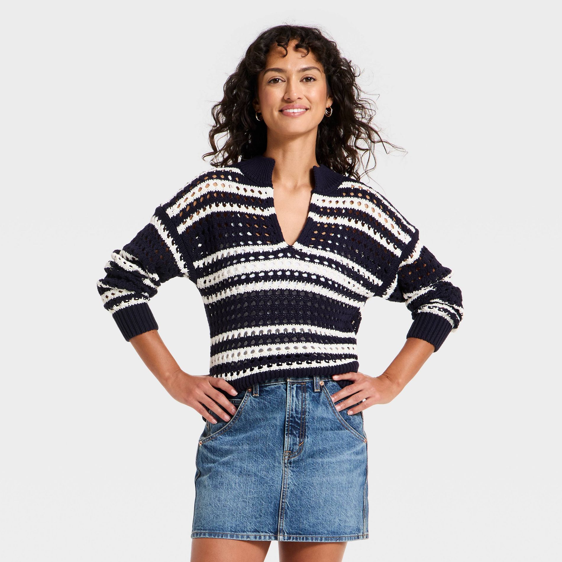 Women's Openwork V-Neck Striped Pullover Sweater - Universal Thread™ Navy Blue