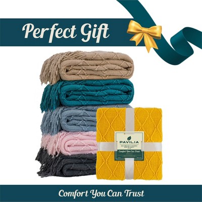 Dusty Blue Knitted Fleece Throw Blanket with Fringe