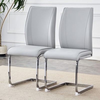 DOMETOUR PU High Resilience Dining Chair Set of 2 with Arched Metal Silver Leg Luxury Simple Arch Chair
