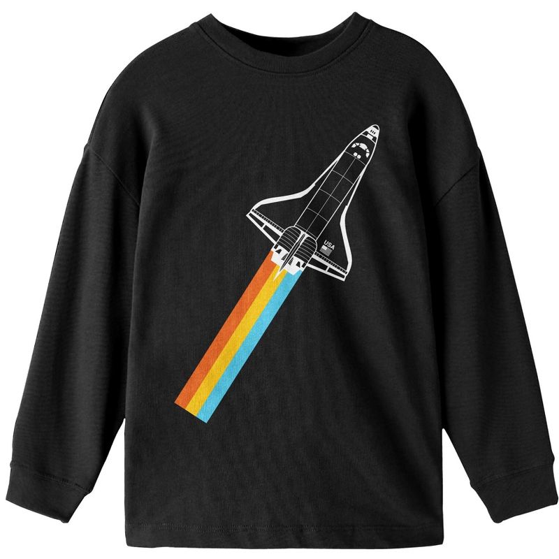 NASA Rocket Rainbow Flight Youth Black Long Sleeve Shirt, 1 of 3
